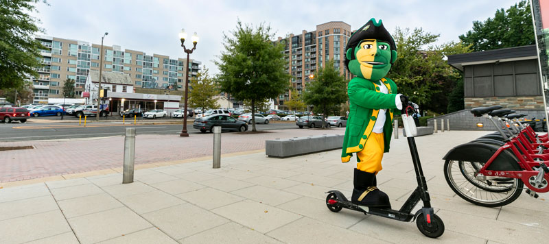 Patriot mascot rides scooter in Arlington