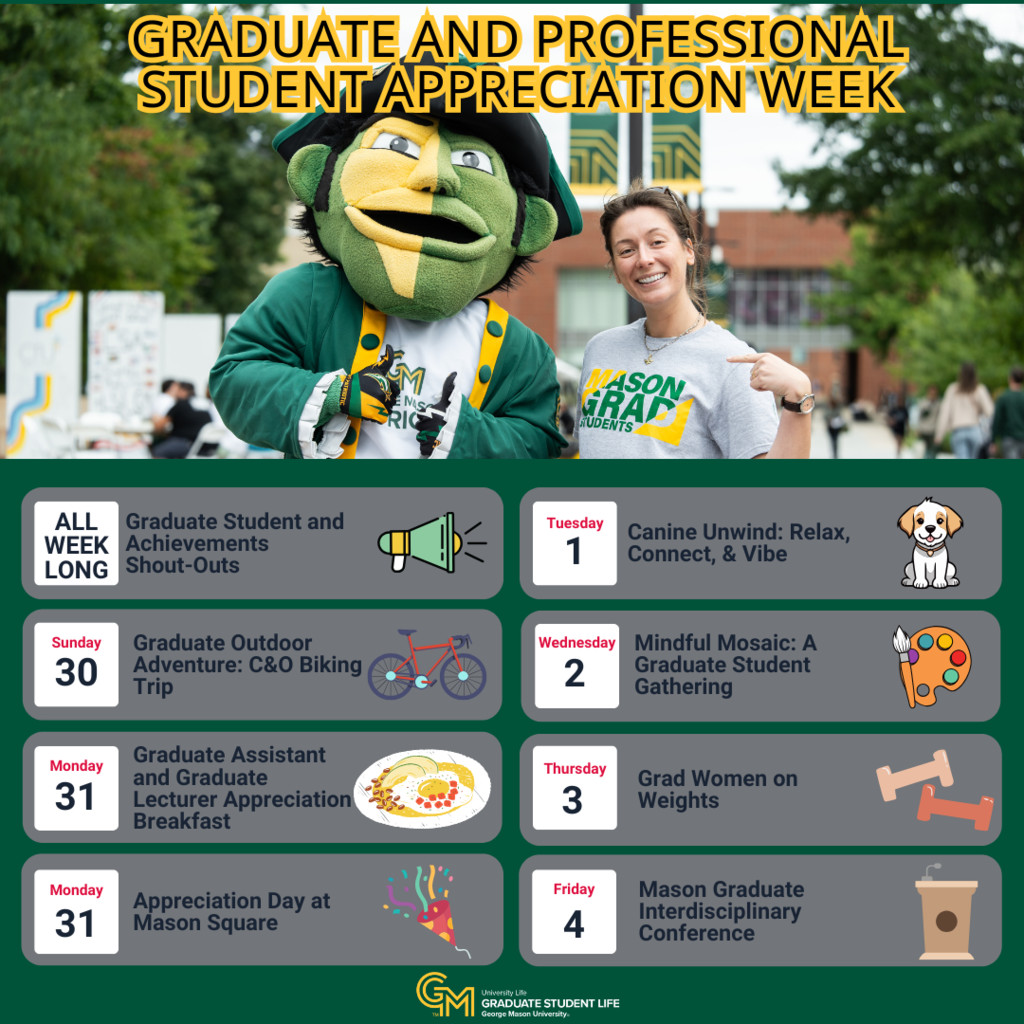 Graduate and Professional Student Appreciation Week. All Week Long: Graduate student Achievemnts and Shout-Outs. Sunday 30: Graudate Outdoor Adventure: C&O Biking Trip. Monday 31: Graduate Assistant and Graduate Lecturer Appreciation Breakfast. Monday 31: Appreciation Day at Mason Square. Tuesday 1: Canine Unwind: Relax, Connect, & Vibe. Wednesday 2: Mindful Mosiac: a Graduate Student Gathering. Thursday 3: Grad Women on Weights. Friday 4: Mason Graduate Interdicplinary Conference. A picture of the patrio.