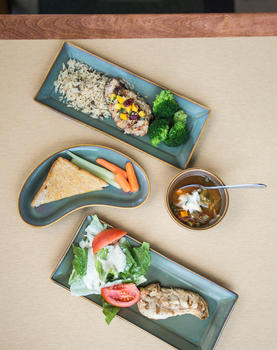Image of three plates with food on them  from Mason dining.