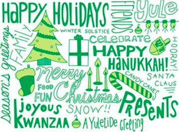 Image of green text outlining holiday-friendly phrases and diverse holiday events.