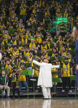 Image of GMU Homecoming band performance. Photo by Evan Cantwell/Creative Services/George Mason University https://photo.gmu.edu/Green-and-Gold-Spirit-/GreenMachineEnsembles/i-XRH4Gfj