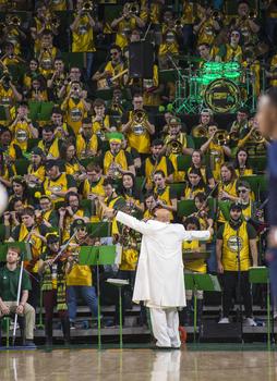 Image of GMU Homecoming band performance. Photo by Evan Cantwell/Creative Services/George Mason University https://photo.gmu.edu/Green-and-Gold-Spirit-/GreenMachineEnsembles/i-XRH4Gfj 